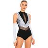 Women's Shiny Sequin Leotard for Gymnastics Dance Competition, Sheer Mesh Cutout Back & Waist, Mock Neck Bodysuit with Gloves, Color Block Sparkling