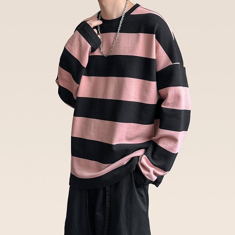 Fashion Punk Men Harajuku Black Pink Striped Hoodies Male Loose Oversized Long Sleeve Boys Tees Retro Hoodies Punk Clothes Boys Pullover