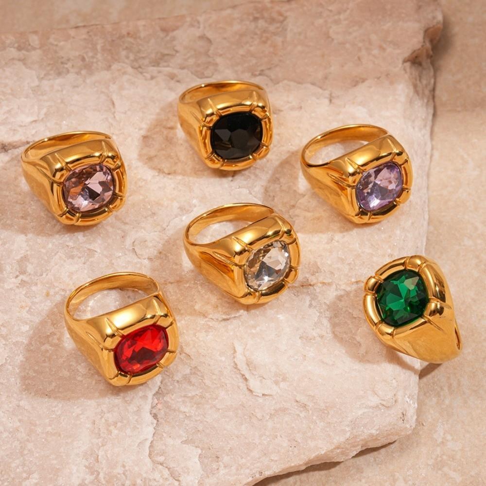 Zircon Square Zircon Rings Stainless Steel Exaggerated Ring Flash Shiny Square Crystal Ring  Couple