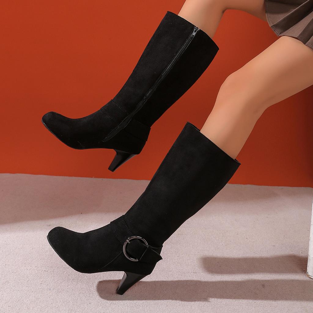 Autumn and winter boots, new mid-knee boots, suede high-heeled size 40-43 belt buckle short boots