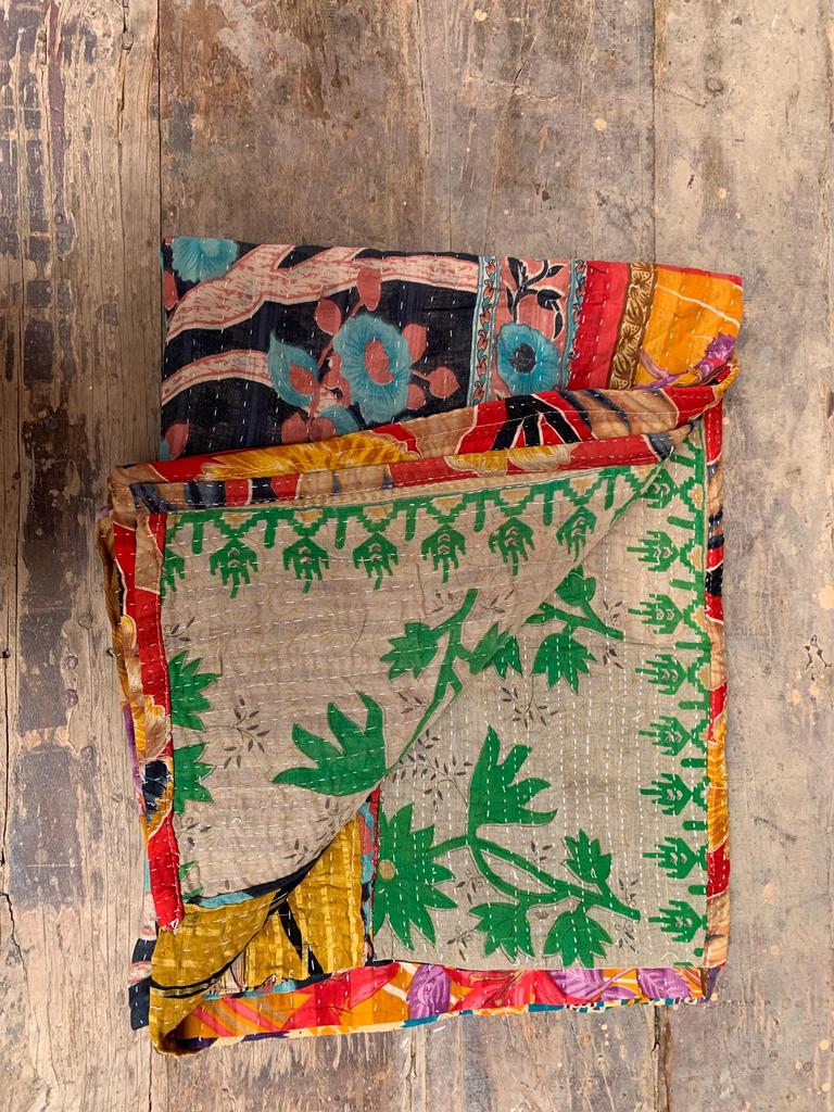 Hand-Stitched Floral Kantha Quilt: Reversible Indian Cotton Throw
