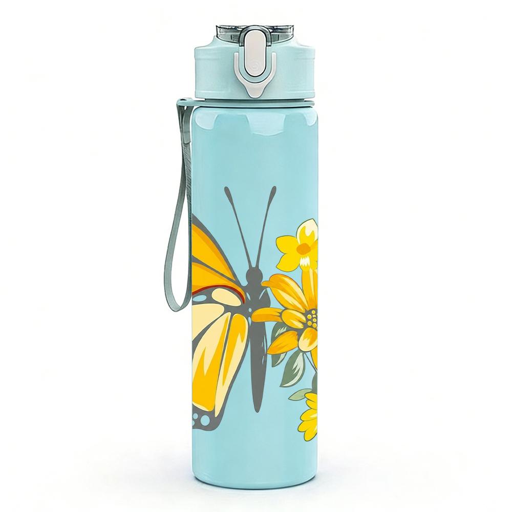 1PC Yellow Butterfly Daisy Floral 750ml Color Plastic Sports Water Bottle Leakproof Flip Straw Lid Suitable for Sports Office Home Use
