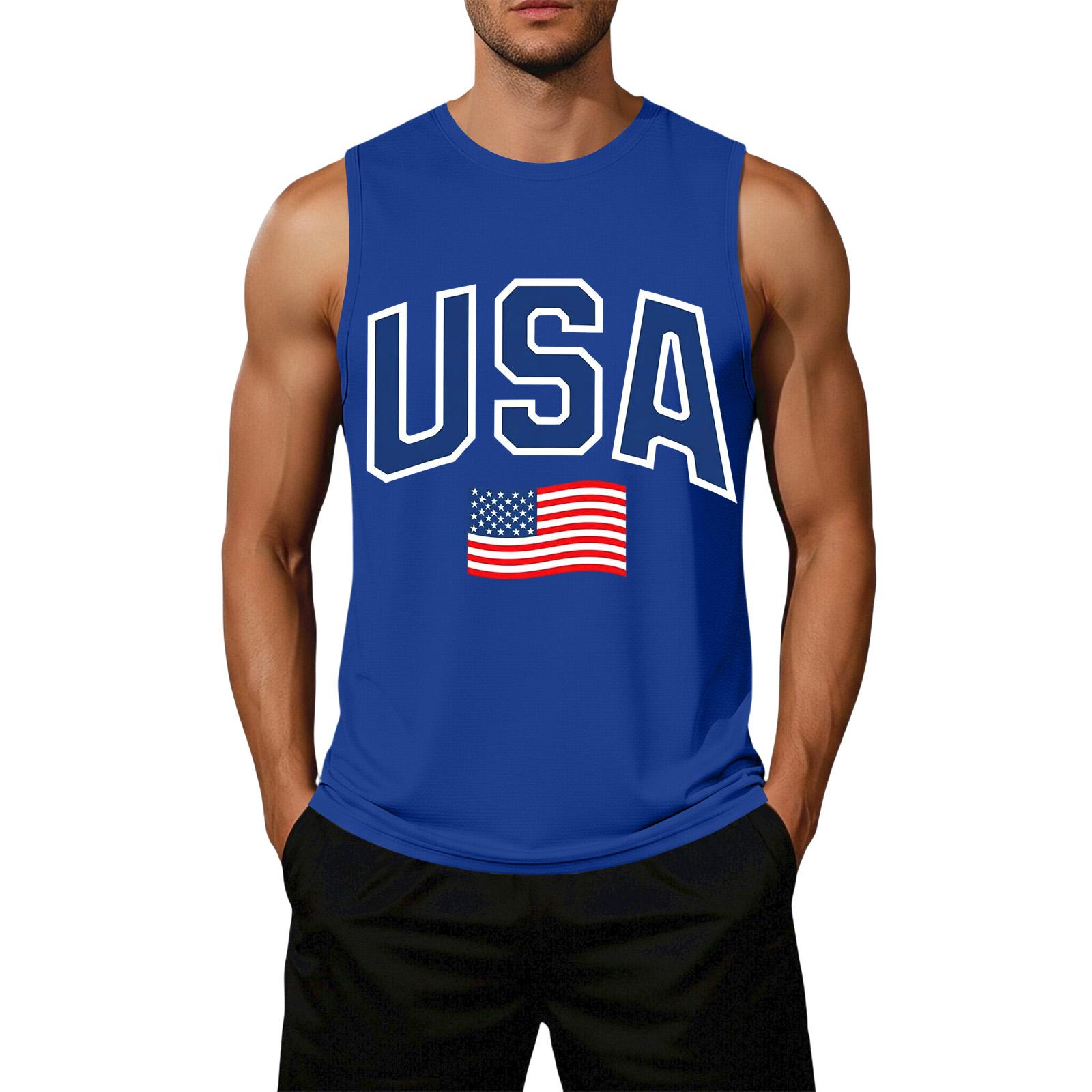 

Men s Loose Fit Casual Sleeveless Top Flag Print Graphic Semi-Quincentennial USA Patriotic Design Cotton Blend Fabric Summer Wear XL синий