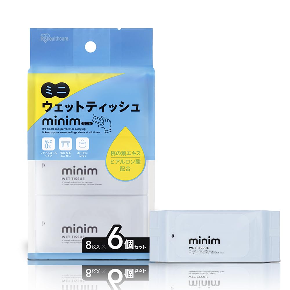 IRIS OHYAMA Mini Wet 48 sheets sheets x 6 for emergencies and with peach leaf Wipes, (8 packs) PWT-6PN, on-the-go use, extract, palm-sized