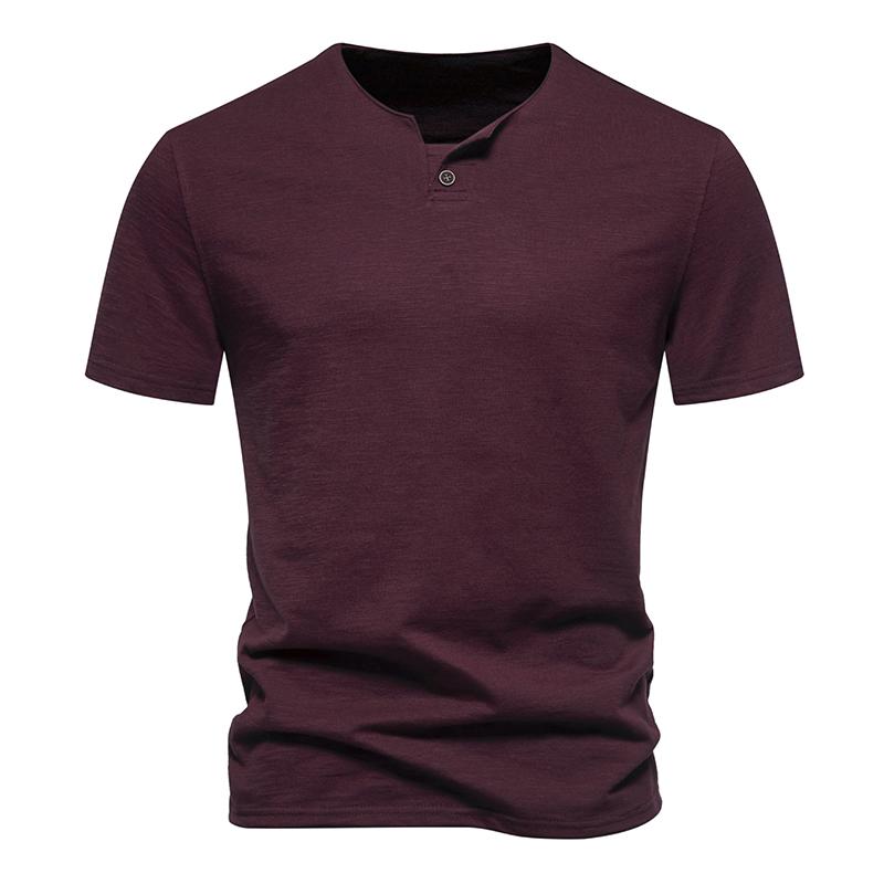 Slub Cotton T-shirt Sold Color Sigle Button V-neck Breathable Short-sleeve T Shirt Hawaiian Shirt Beach Tops Tees for Men