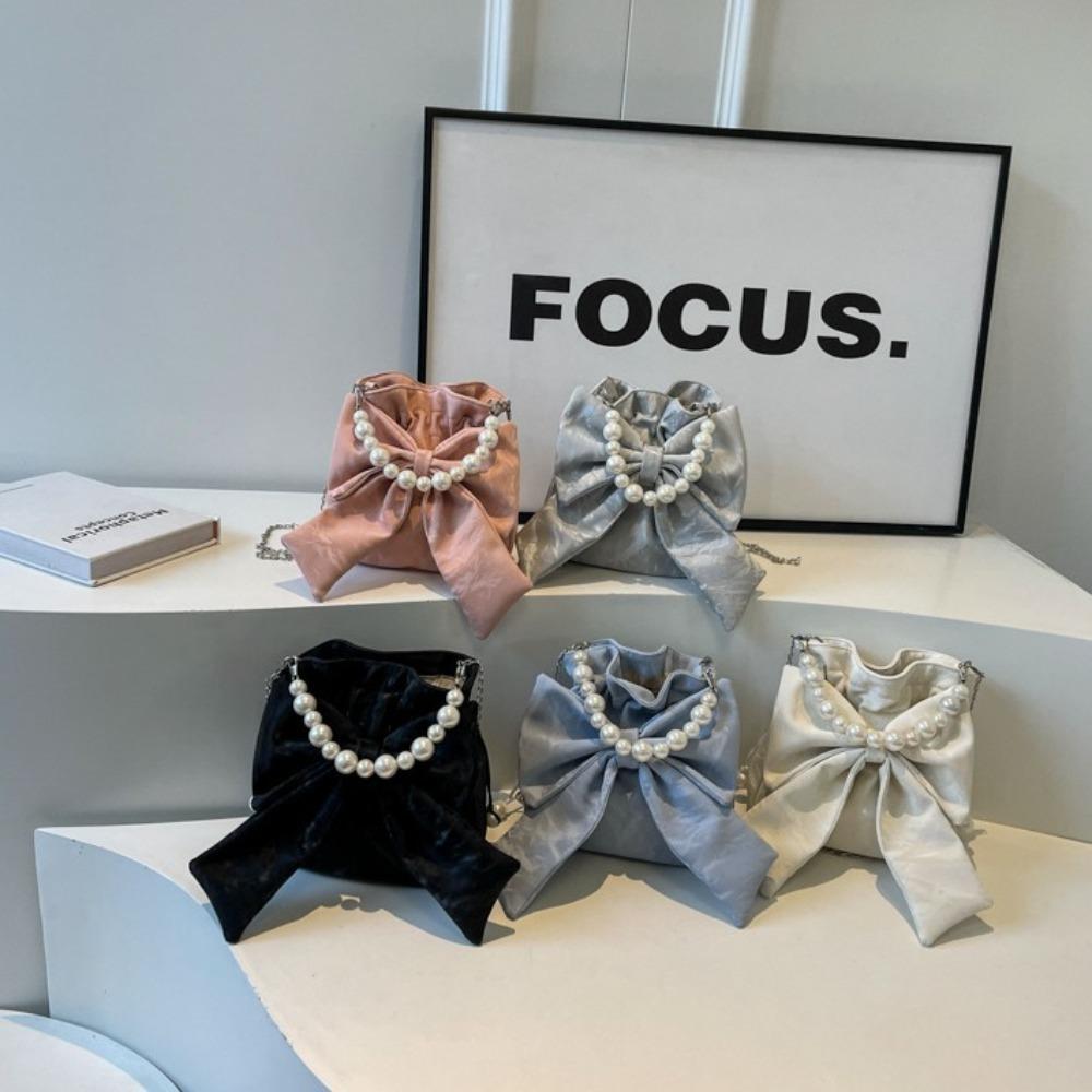 Pearl Chain Big Bowknot Shoulder Bag Elegant Crossbody Bag Fashion Drawstring Bucket Bag  Travel
