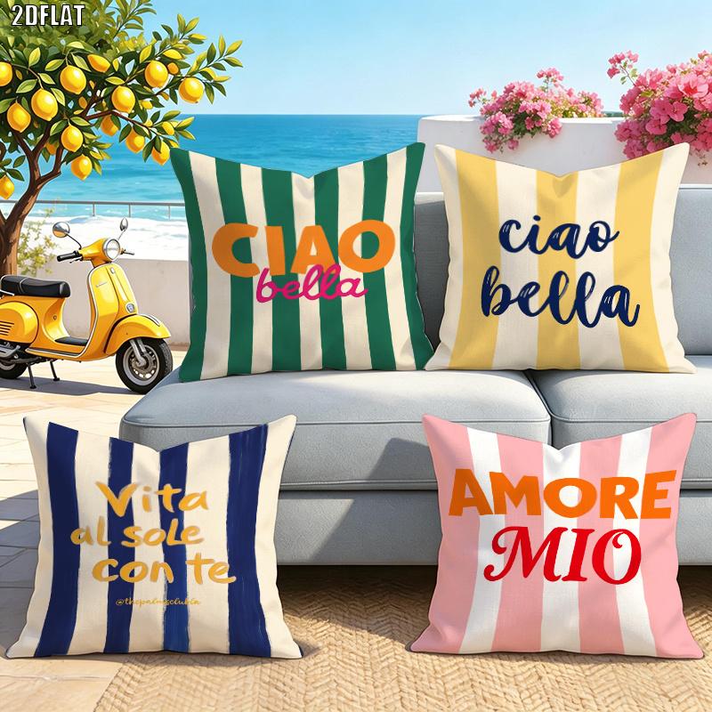 4pcs Italian Striped "Ciao Bella" Pillow Cover Outdoor Terrace Decoration Cushion Cover Home Bedroom Decoration Pillowcase