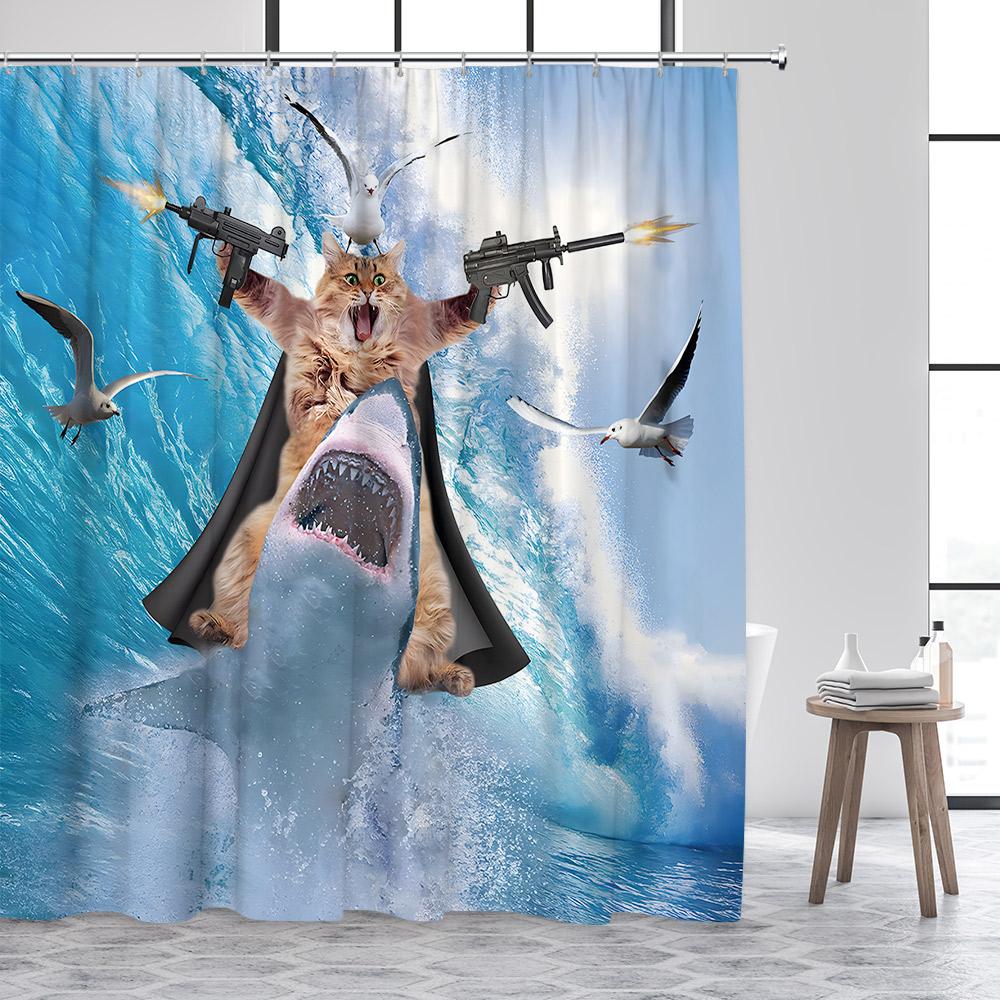 Funny Animals Shower Curtain Cute Diving Dog Cat Riding Shark Brown Bear Ocean Landscape Children Bathroom Curtains Fabric Decor
