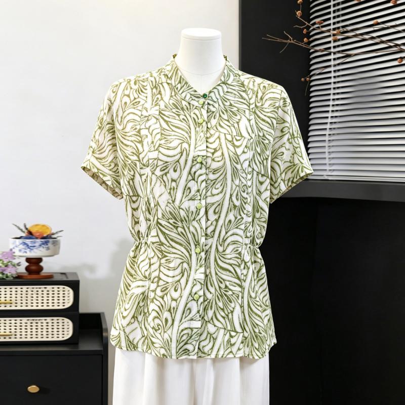 Women s Summer Leaf Print Short Sleeve Blouse 3XL зелёный