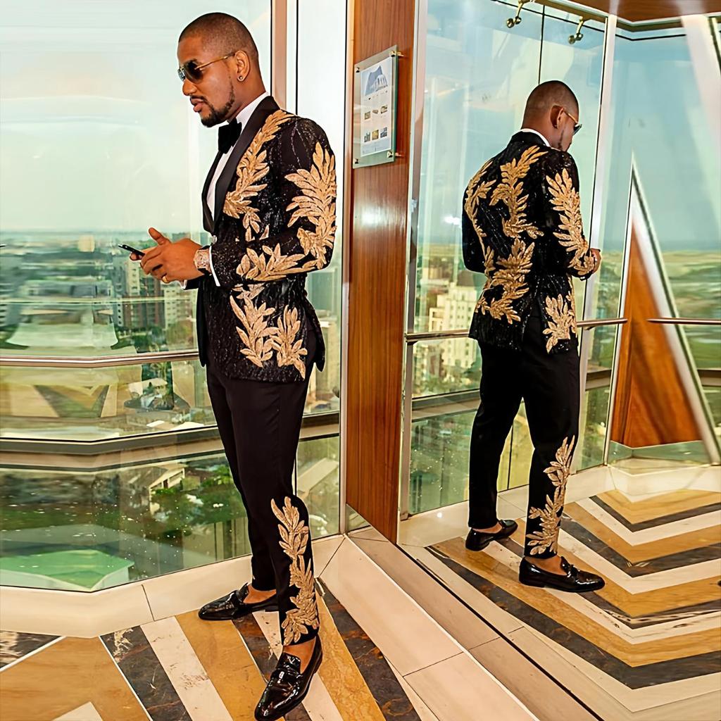 PYJTRL Pánská módní zlatá flitrová dvoudílná souprava (Bunda+kalhoty)