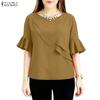 Women Casual Round Neck Solid Color Ruffles Half Sleeve Blouse