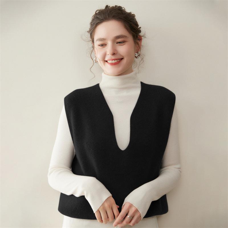 Autumn Winter Women's Cashmere Knitwear V-Neck Vest - Coin Stitch Solid Color Loose Slimming Tank Top Shoulder Cape.