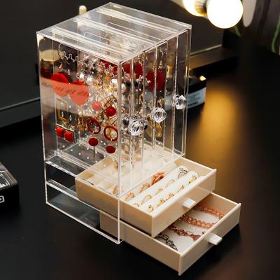 Caja de Joyería Transparente Plástico Bandeja para Anillos Collares Pendientes Organizador de Caja de Joyería Cajón de Terciopelo Soporte de Exhibición de Pulseras Almacenamiento