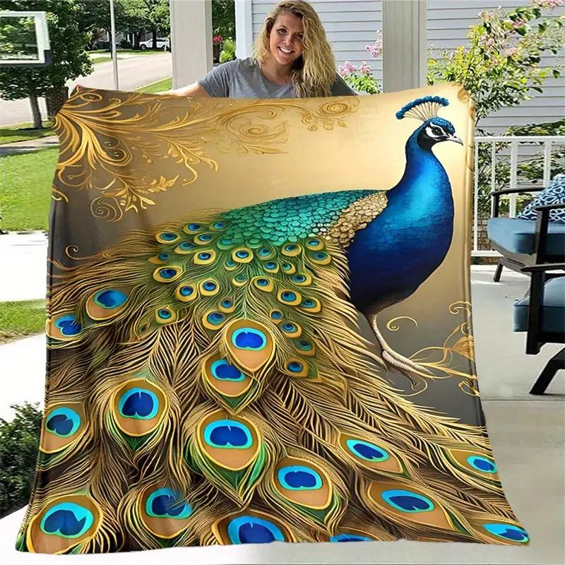 Gold Peacock Pattern Flannel Blanket, Suitable for Sofa, Bed, Office, Travel, Camping, Christmas Holiday Gift Decoration 130x150cm