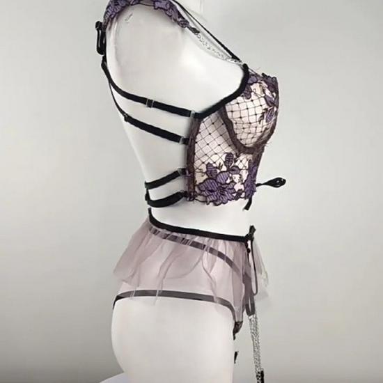 Europäisches & Amerikanisches Mesh Stickerei Dessous Set: Sexy dreiteilige Damenunterwäsche