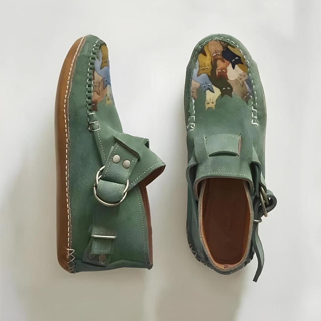 Stövlar Plover Dam Komfort Tecknad Katt Tryckt Läderknapp Casual Platt Ankel - 6 Lila