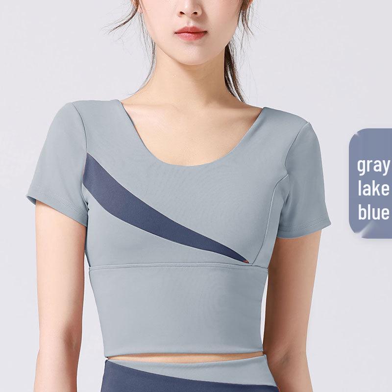 

Персиковый лоскутный спортивный топ с коротким рукавом - Леггинсы для йоги без бюстгальтера M