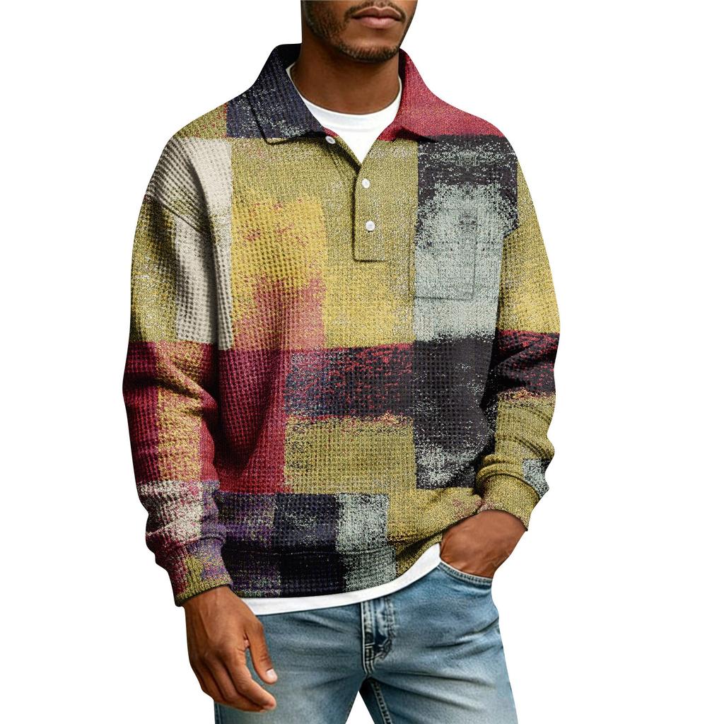 Men's Lapel Printed Single Breasted Pocket Long Sleeve Casual Sports T-Shirt