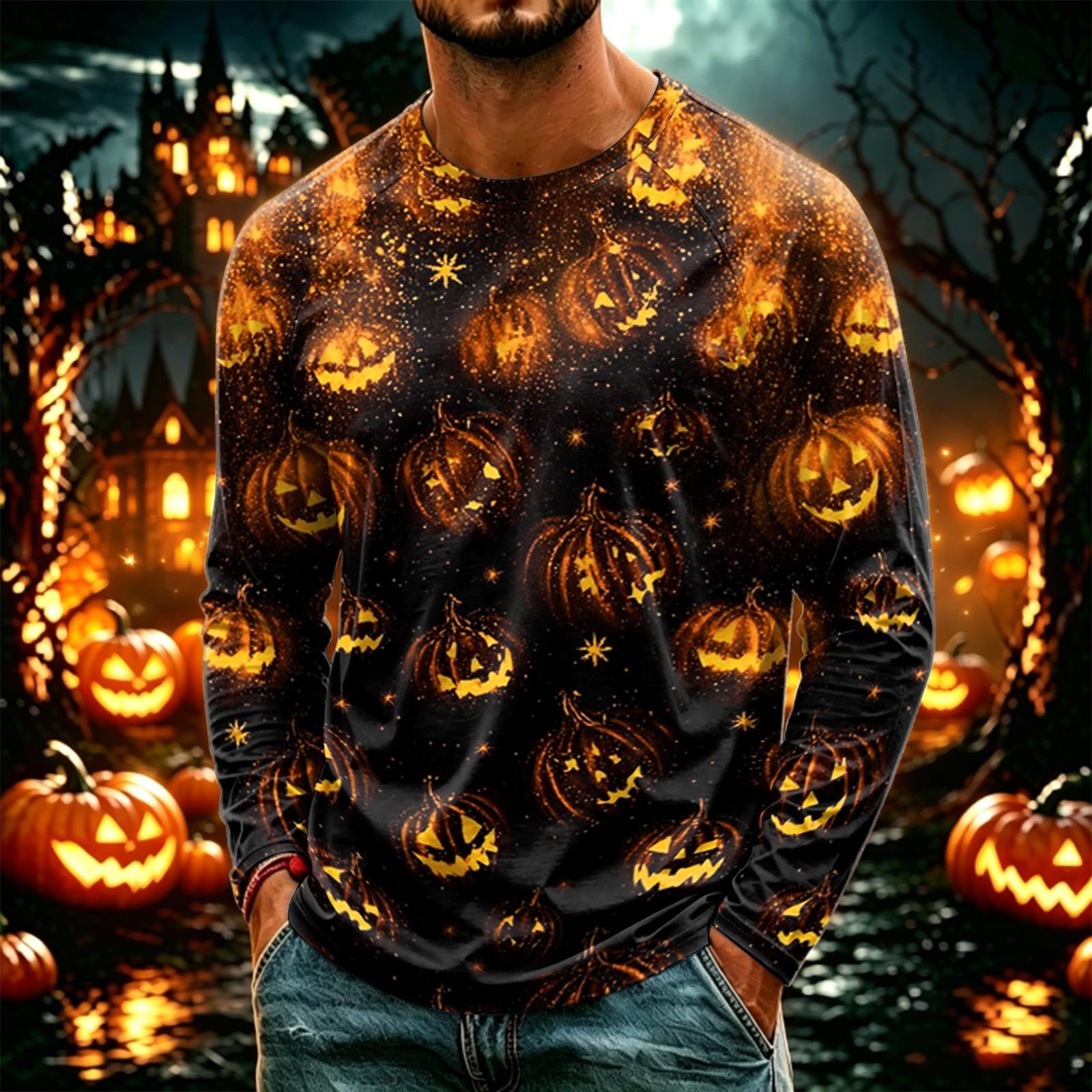 Men s Casual Halloween Print Neck Long Sleeve T-Shirt Lightweight for Daily Wear S