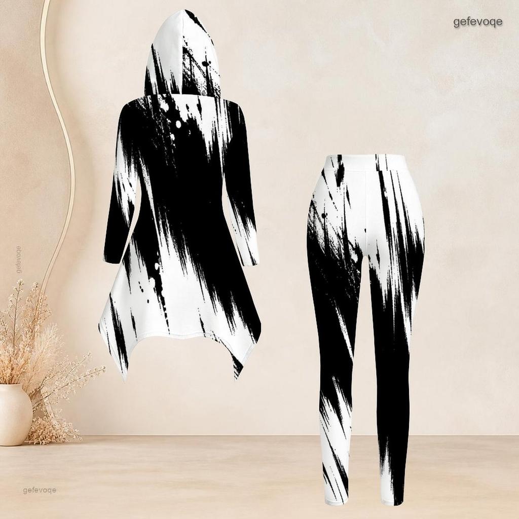 Women Plus Size Two Piece Set Black White Geometric Printed Hooded Long Sleeve High Low Top Fitted Pants