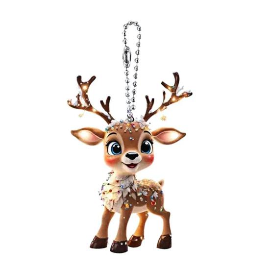 2D Flat Acrylic Elk Pendant Cartoon Deer Car Rearview Mirror Charm Christmas Tree Hanging Decoration for Auto Interior Accessories Holiday Window Wall