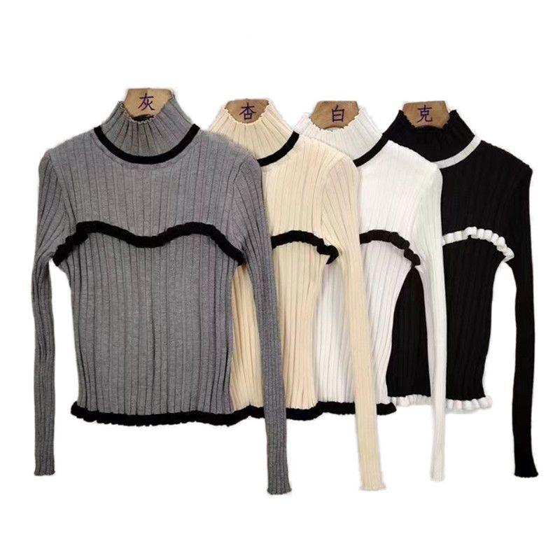 Spring Autumn Women Half High Collar Full Sleeve Ruffles Knitted Sweater Pullover Tops