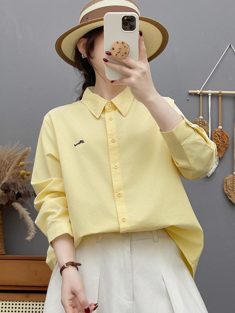 Women's Long Sleeve Embroidered Cotton Shirt - Candy Color, High Quality, Versatile Loose Fit Casual Top