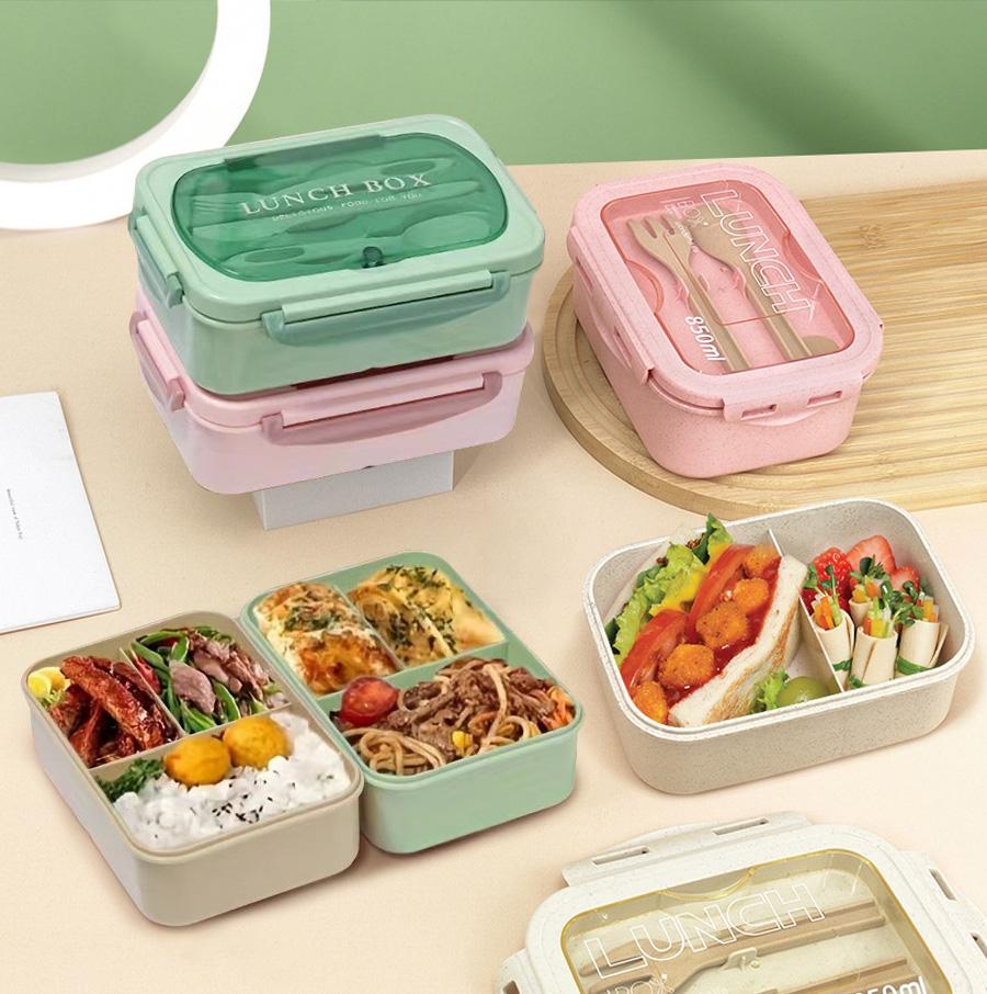 1pc lunch box with two compartments, built-in cutlery set, reusable and microwave heated (with lid removed), suitable for kitche