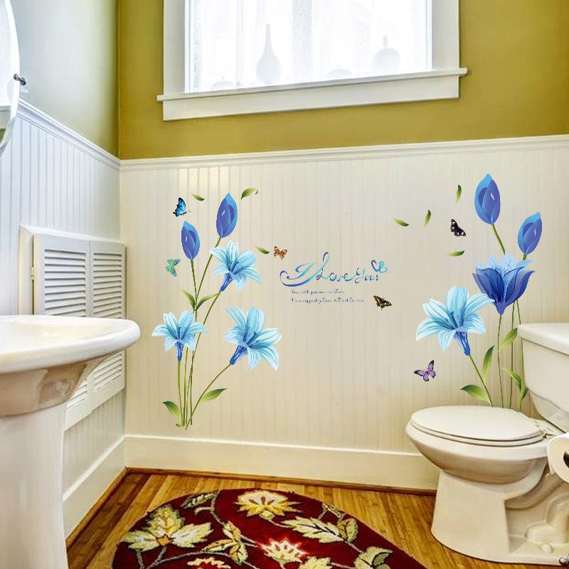 Blue Lily Wall Stickers Self Adhesive Removable Flower Decals for Living Room Bedroom Hallway TV Background Home Decor