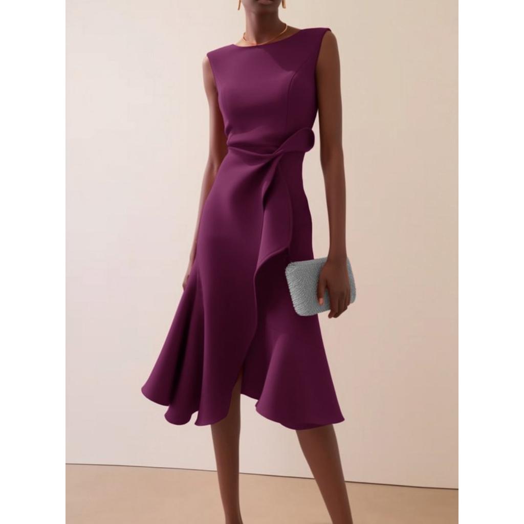 Damen Rundhals Ärmellos Einfarbig Rüschen Hohe Taille Elegant Party Midi Kleid