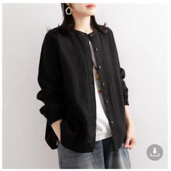 Spring Autumn Women's Cotton Linen Shirt Long Sleeved Loose Round Neck Shirt Casual Jacket with Closed Sleeves Top