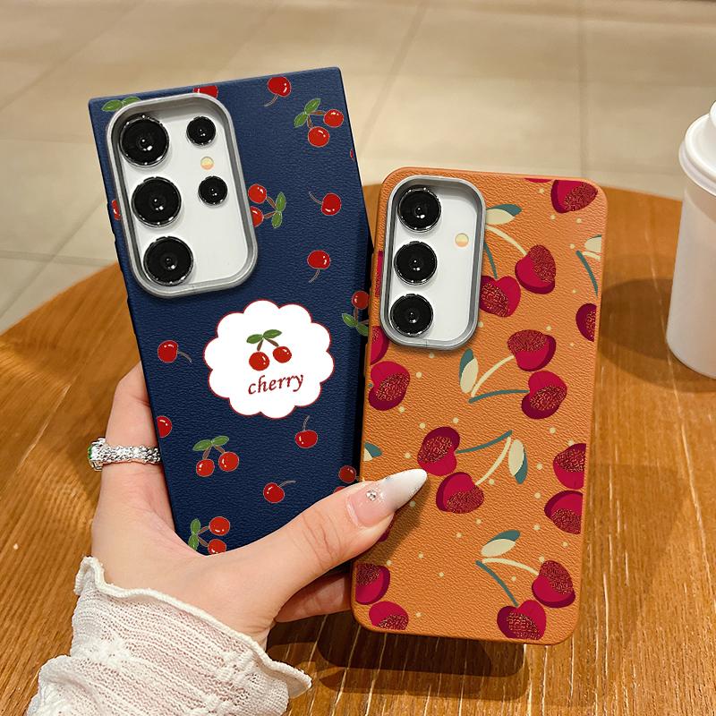 Cute Cherry Pattern TPU Leather Texture Slim Magnetic Case For Samsung S25 Ultra S24 FE S23 S22 S21 Wireless Charge Matte Shockproof Soft Phone Cover