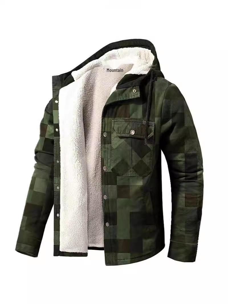 

2024 Thickened Plaid Cotton Jacket: Men s European & American Style, Versatile, Loose Fit, Long Sleeve, Hooded - Autumn/Winter Collection XL армія зелений колір