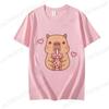 Cute Capybara Loves Bubble Tea Print Women Kids T-Shirt Summer Children's Short-sleeved Casual Pink Tops Adults Boys Girls Gifts