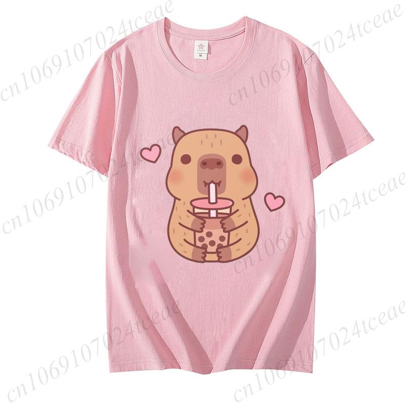 Cute Capybara Loves Bubble Tea Print Women Kids T-Shirt Summer Children's Short-sleeved Casual Pink Tops Adults Boys Girls Gifts