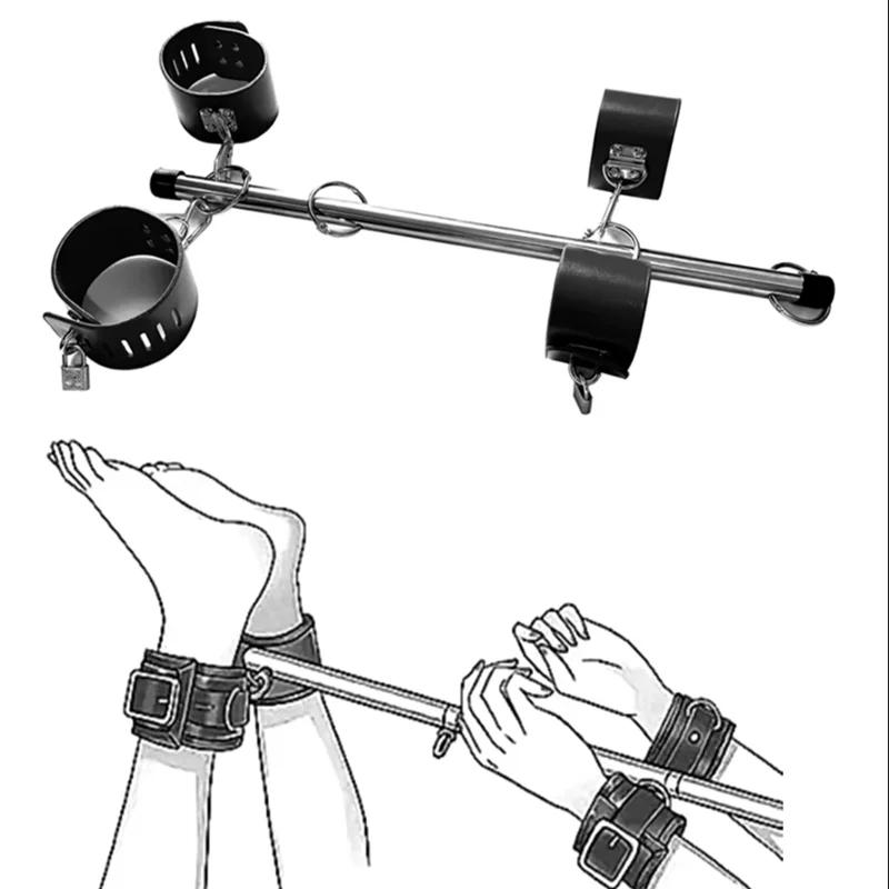 BDSM Bondage Adjustable Handcuffs & Ankle Cuffs with Stainless Steel Spreader Open Legs Pu Leather Set for Couple Sex Games Toy