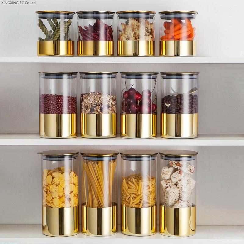 Golden Transparent Glass Bottles, Candy Jars, Household Sealed Jars with Lids, Kitchen Food Storage Jars, Coffee Beans, Tea Jars