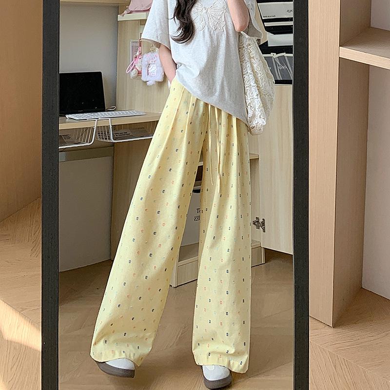 Women's Yellow Polka Dot Wide-Leg Pants - Spring/Summer 2025, High Waist, Loose Fit, Casual Drapey Style.