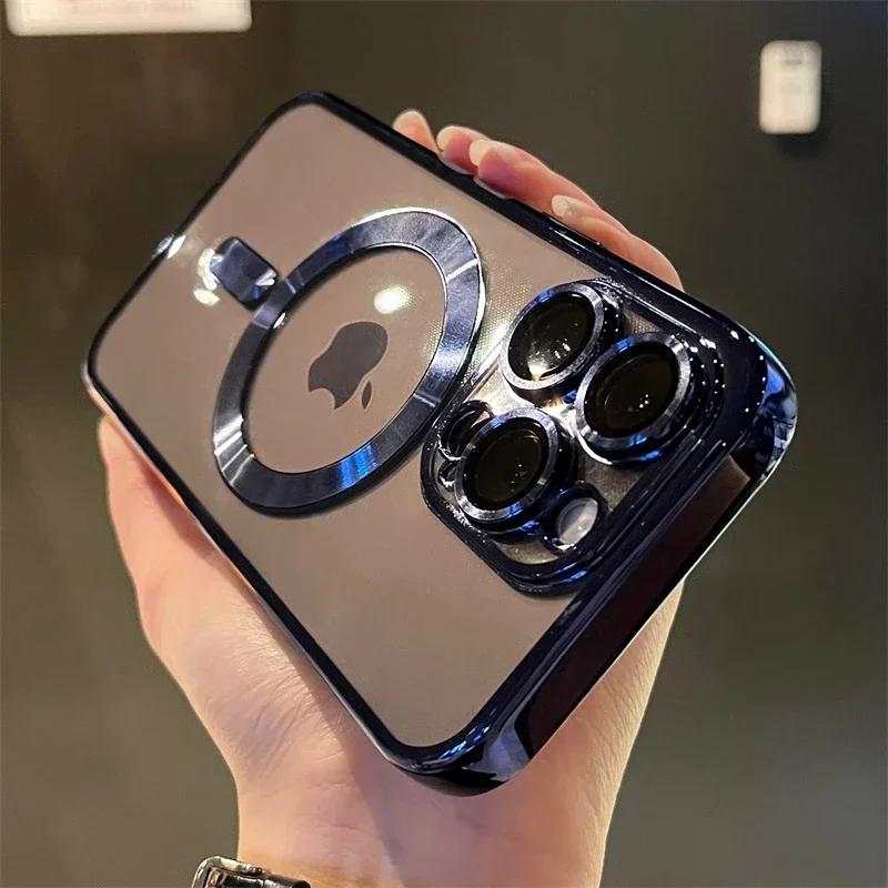 Luxury Transparent Magsafe Wireless Charging Case For iPhone 16 15 14 13 12 Pro Max Plus Magnetic Camera Lens Protector Cover
