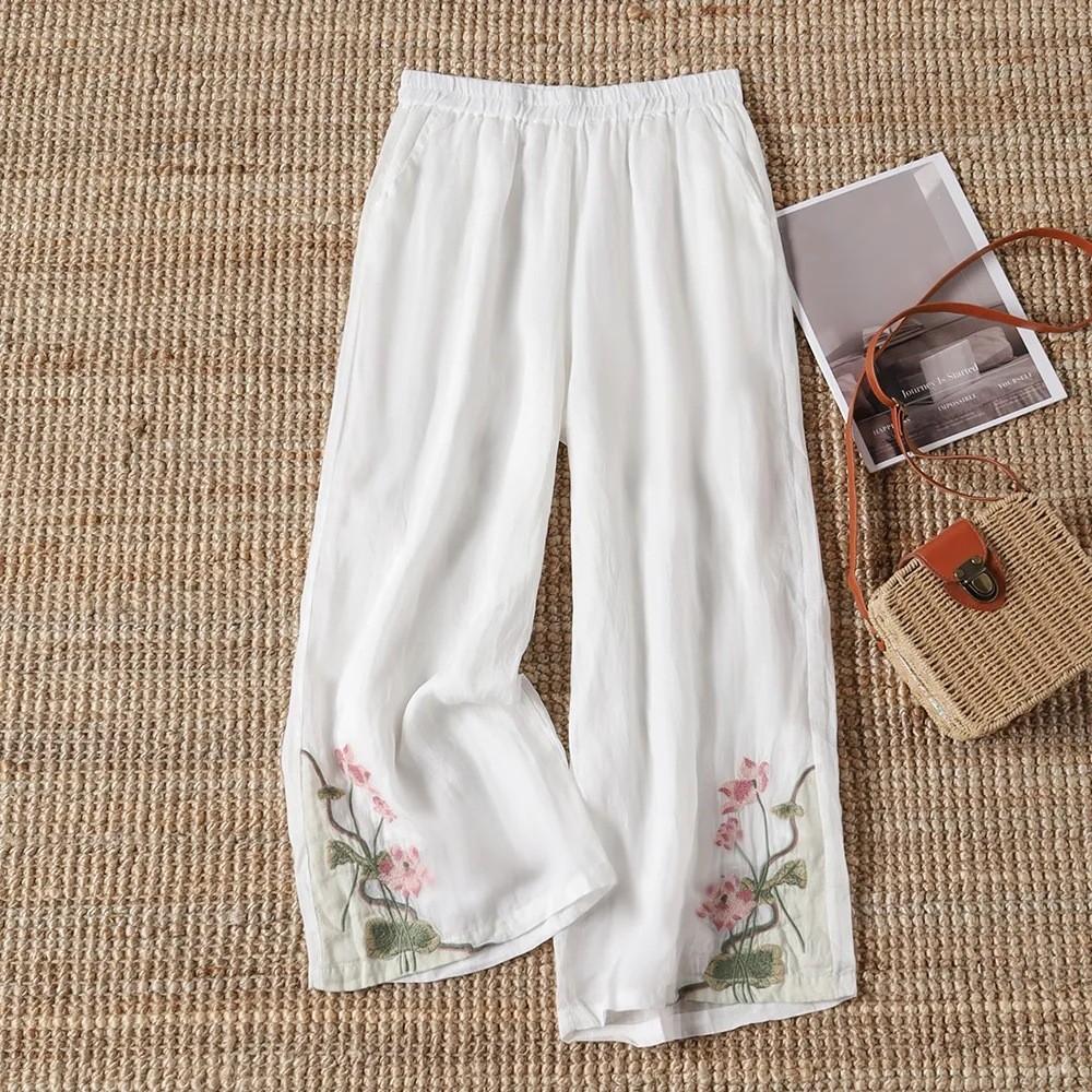 Women's Summer Chinese Ethnic Style Retro Wide Leg Pants Embroidery Breathable Casual Pants