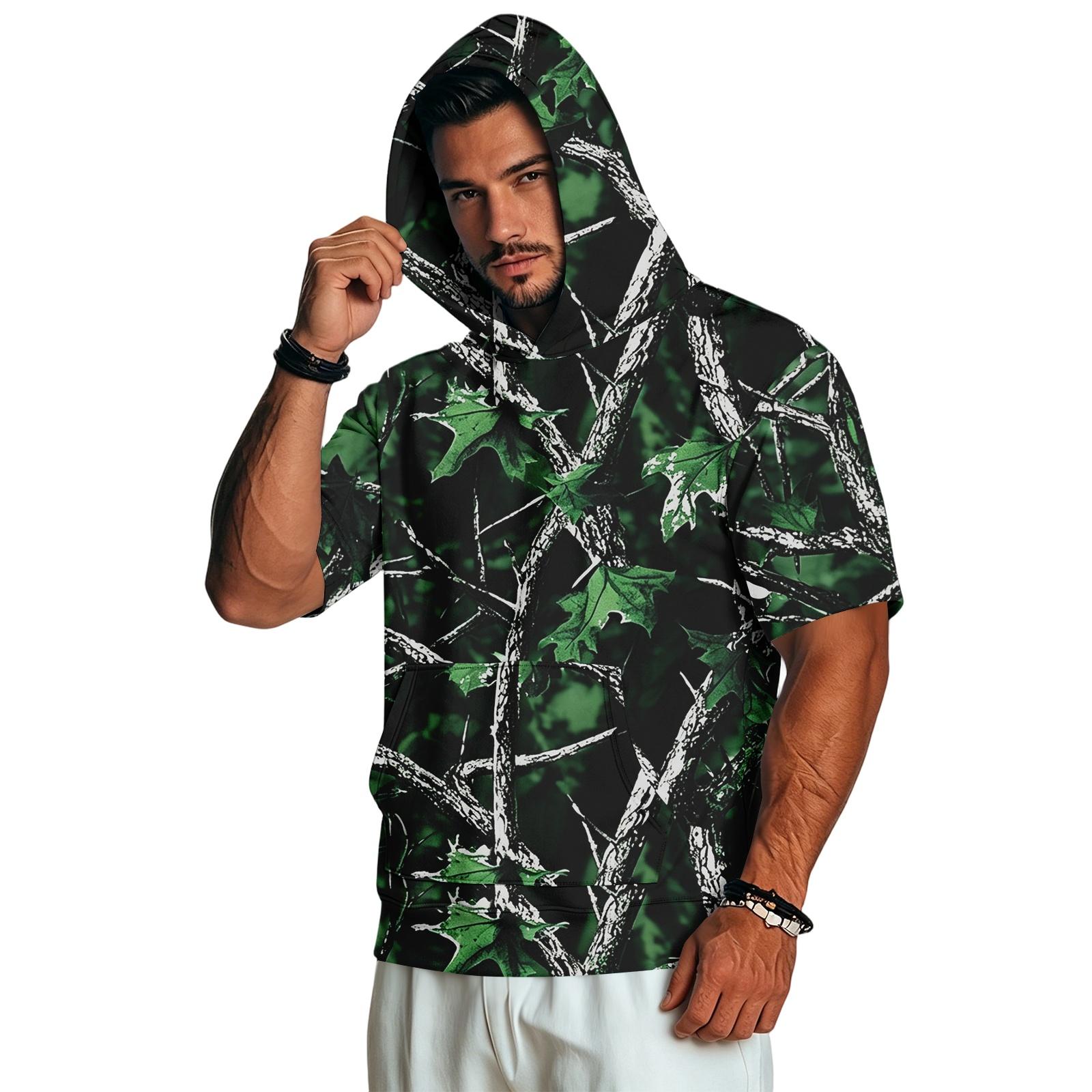 Men s Short Sleeve Hoodie Casual Retro Lightweight Camouflage Print M
