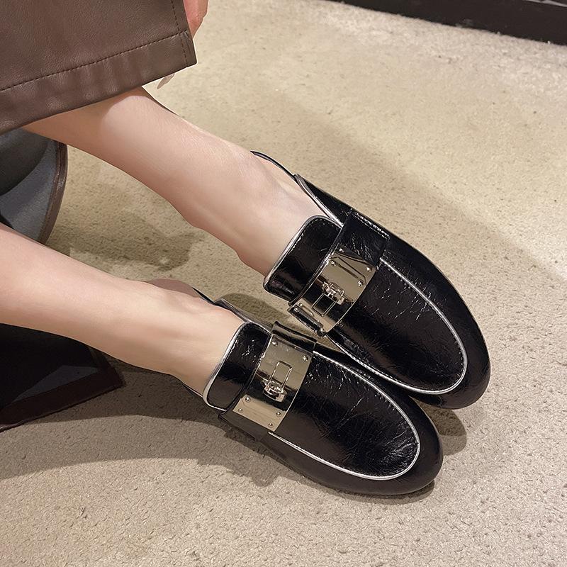 Baotou Half Slippers Women's Outer Wear 2025 New Kelly Buckle Leather Flat Bottom Muller Drag Versatile Sandals Women