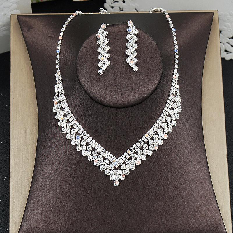 V-Shaped Luxury Diamond Clavicle Necklace Earrings Set Wedding Party Dress Bling Jewelry Accessory for Girls