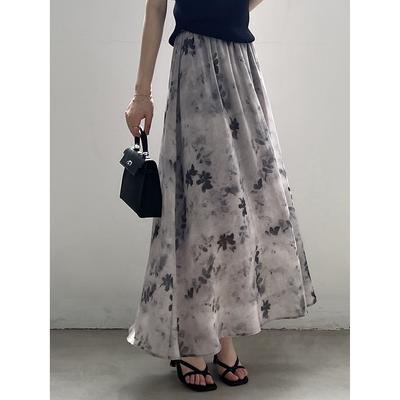 Summer Women's Skirt Vintage Chinese Style Ink Halo Printed Half-body Skirt Elastic Waist Long Skirt