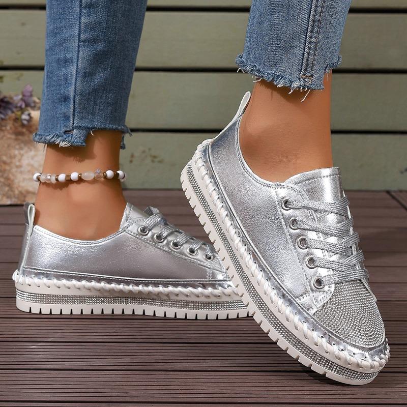 Shoes for Women Sneakers Plus Size 35-43 Crystal Thick Soles Casual Rhinestones PU Walking Flats Thick Bottom Lace Up Shoes