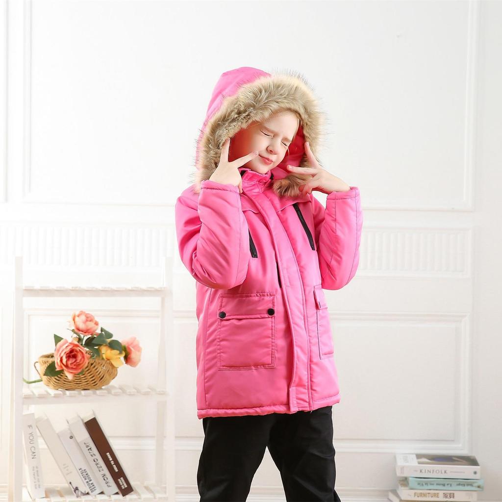 Middle and Big Children's Cotton Jacket Solid Color Thickened Warm Rushing Jacket Boys and Girls Hair Collar Removable Hooded Jacket