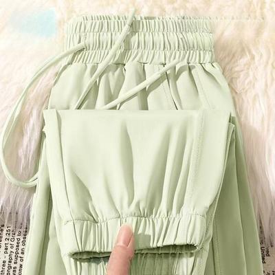 Pantalones deportivos de verano de seda de hielo para mujer, cintura alta, pierna recta, puños en el tobillo, protección solar, pantalones de entrenamiento