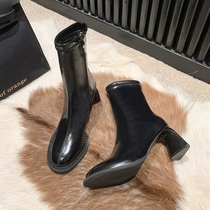 Round head retro thin boots women's early autumn new high-heeled short boots temperament versatile short tube side zipper thick-heeled boots