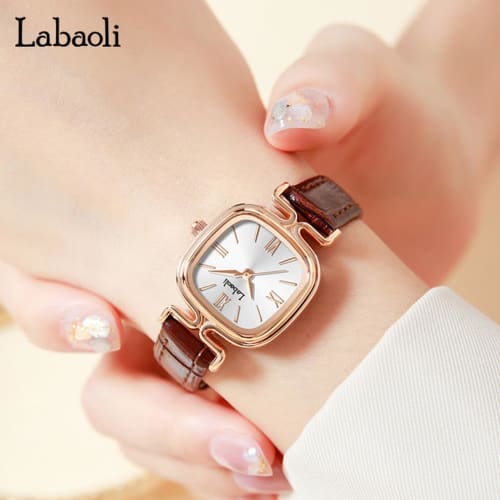 Simple Square Wristwatch for Women with Leather Strap, Small, Stylish, Waterproof, Ultra-Thin, Lightweight, Business, Cute, Casual, Gift, Brown, Rose