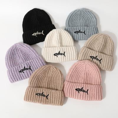 Hat Women's Embroidered Letters Korean Version Versatile Warm Wool Hat Ear Protection Curl Edge Cold Knitted Hat Fashionable Cold Hat